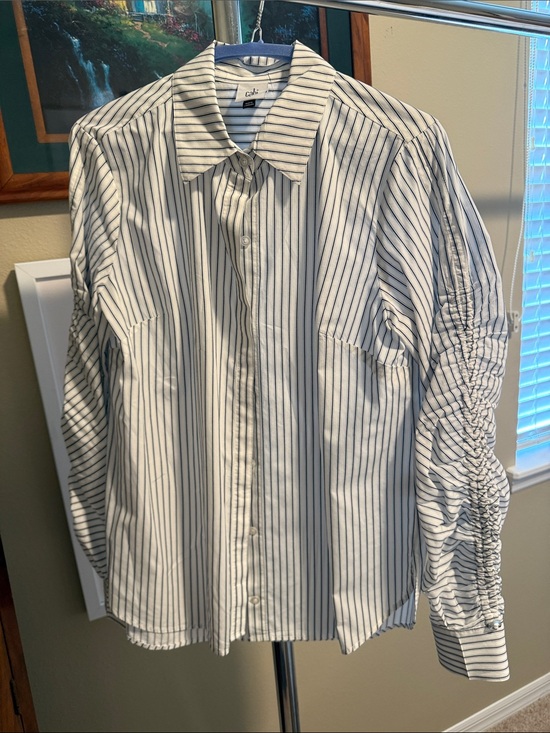 CAbi Tops - CAbi White Shirt with Black Pinstripes — Ruched Sleeve Button-Front
